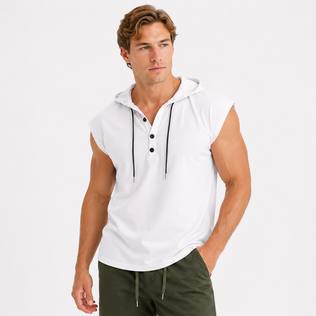 Herre ermeløs hettevest i sporty design med snøring. Perfekt for trening, fritid og activewear.