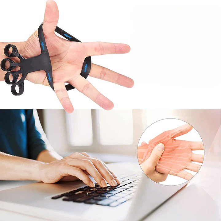 Sett med fargerike silikon fingergripere for variert motstand. Effektiv styrketrener for hånd og underarmer.