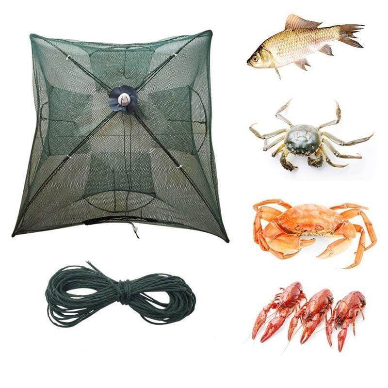 Automatisk fiskefelle med nylonnett og stålramme for lettfiske. Portabelt fiskeutstyr for enkel fangst.
