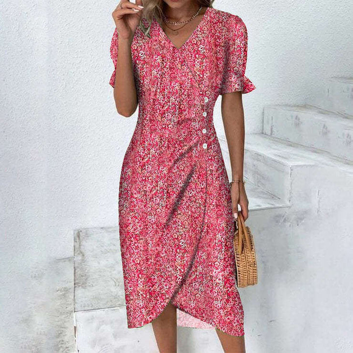 Elegant flerfarget sommerkjole for dame. Perfekt som hverdagskjole eller festkjole. Feminin stil.