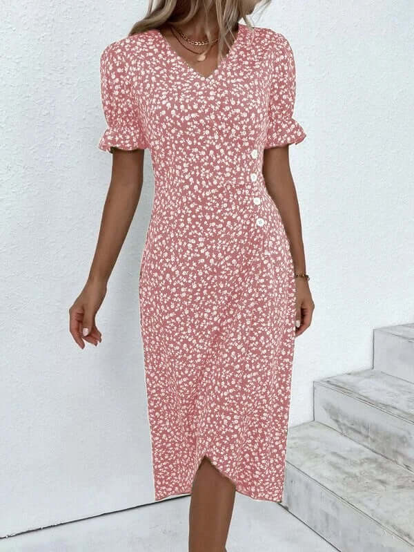 Tidløs flerfarget sommerkjole. Feminin og elegant, egnet for både hverdag og fest. Vår- og sommerstil.