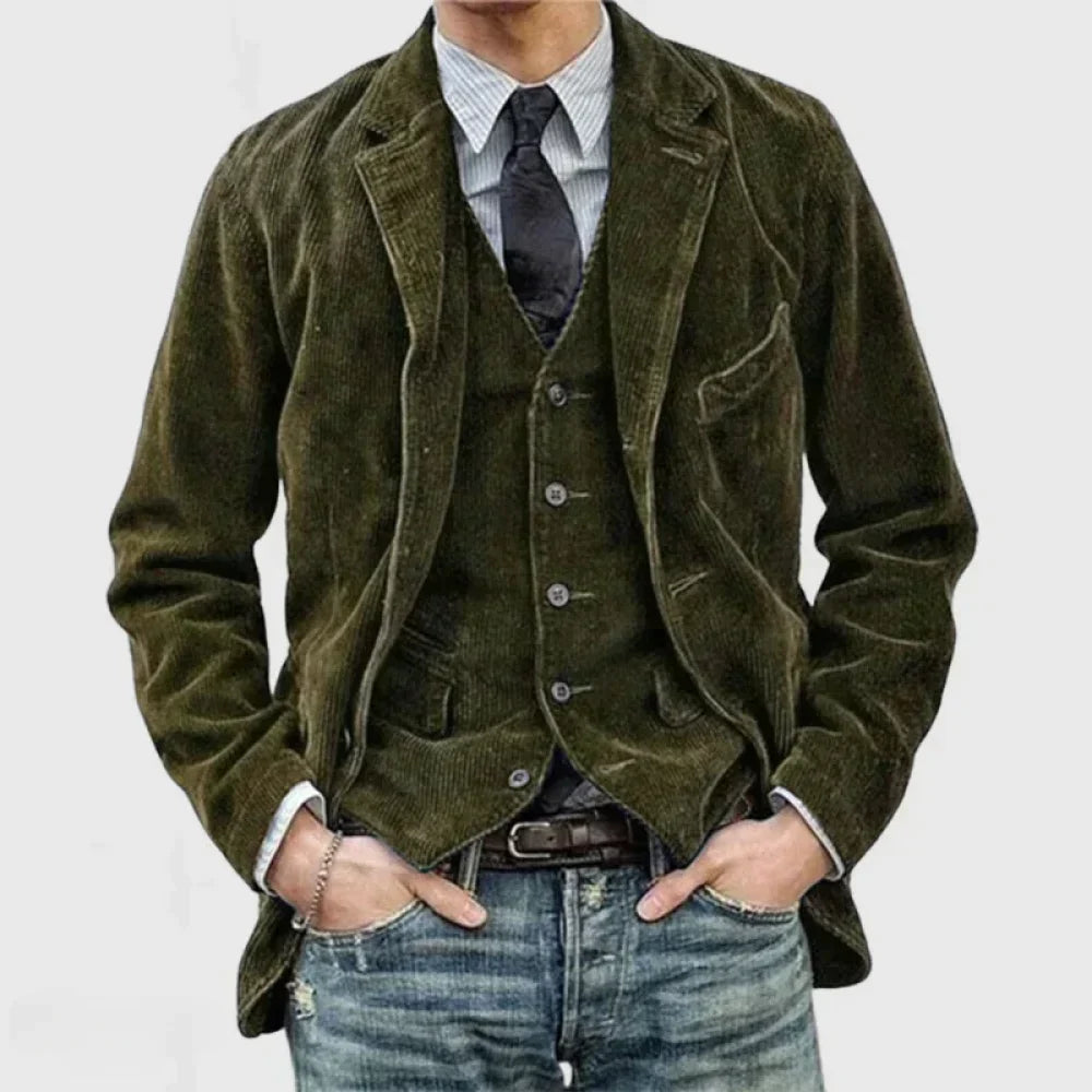 Nærbilde av kordfløyel blazer og vest, viser tekstur og elegant design for moderne herreklær.