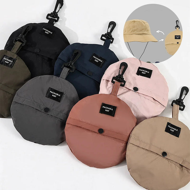 Bærbar sammenleggbar solhatt for utendørsaktiviteter, en lett polyester reisehatt med UV-beskyttelse.