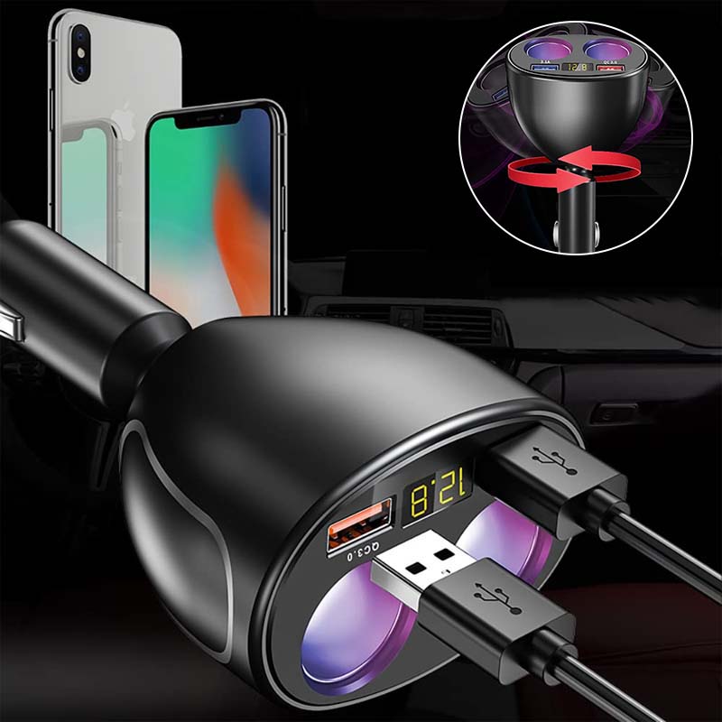 Effektiv hurtiglading med denne doble USB-billaderen. Roterbar design og praktisk spenningsdisplay i bil.