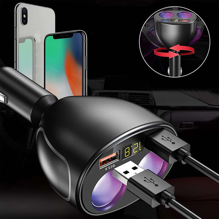 Effektiv hurtiglading med denne doble USB-billaderen. Roterbar design og praktisk spenningsdisplay i bil.