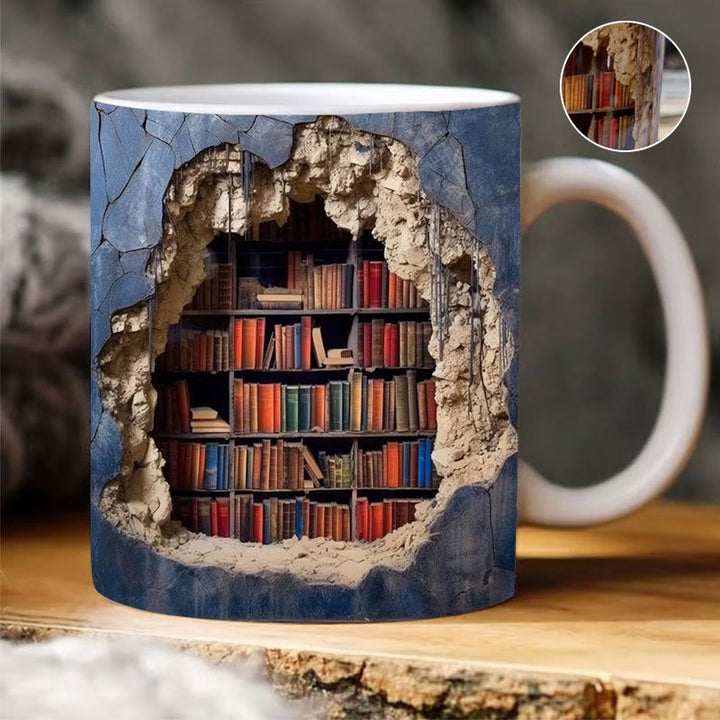 Dekorativt 3D bokhylle krus, ideelt for kaffe og te. En unik keramikk gave for bokelskere.