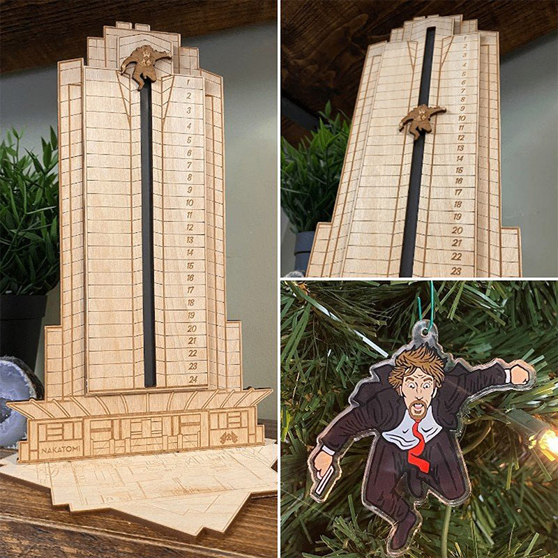 Håndlaget tre adventskalender, Die Hard-tema med Hans Gruber; klassisk juledekorasjon og gaveidé.