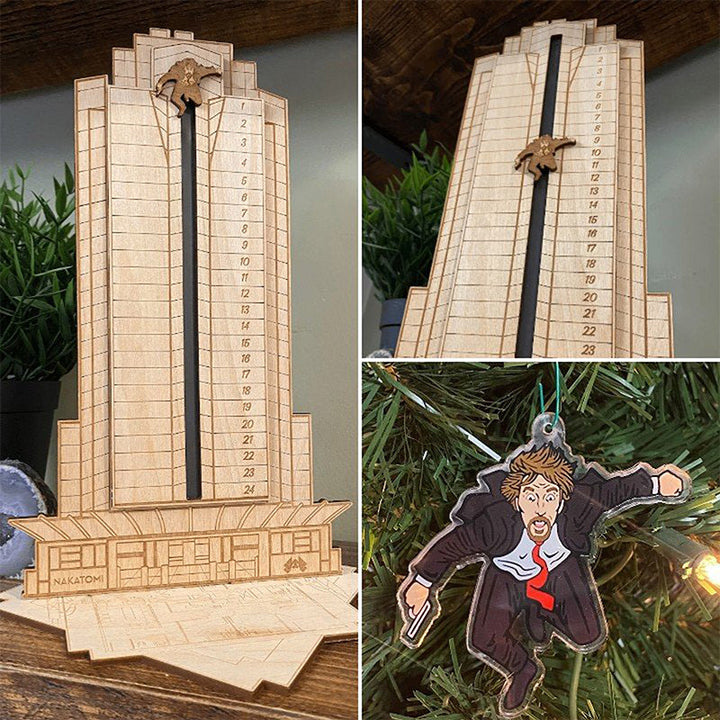 Håndlaget tre adventskalender, Die Hard-tema med Hans Gruber; klassisk juledekorasjon og gaveidé.