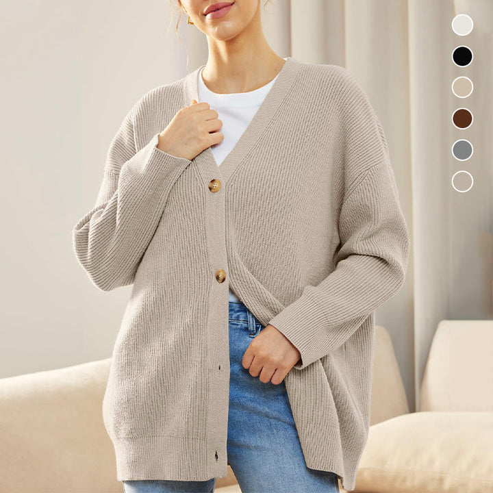Vår/høst ensfarget cardigan for kvinner, myk og varm med lommer.