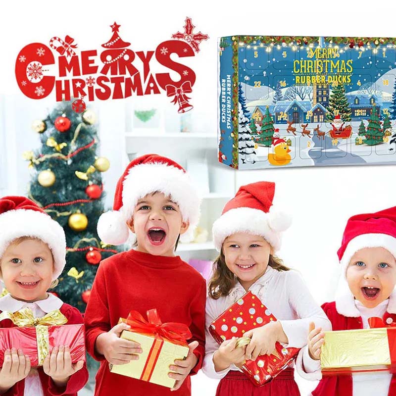 Komplett adventskalender med unike gummileker; 24 forskjellige badeender.
