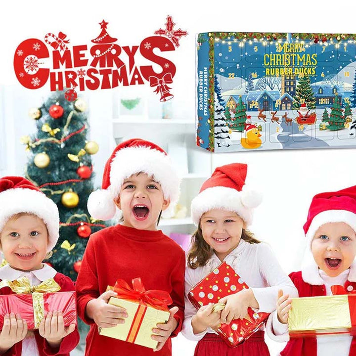 Komplett adventskalender med unike gummileker; 24 forskjellige badeender.