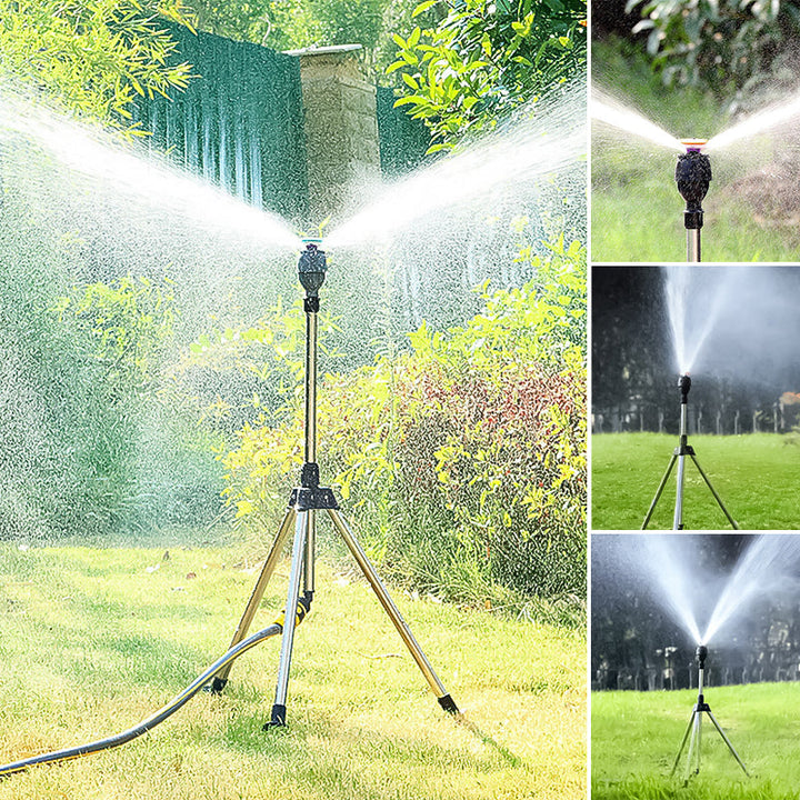 Justerbar hagesprinkler på solid stativ, ideell for effektiv vanningssystem i hagen.