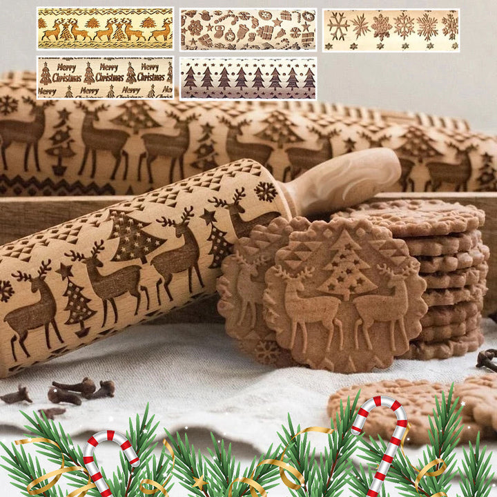 Julekjevle i tre med julemønster for kaker og julebakst. Perfekt til preget pepperkaker.