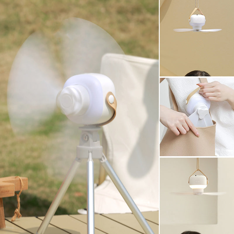 Kompakt USB-drevet campingvifte med LED-lys og fjernkontroll; ideell for reise og telt.