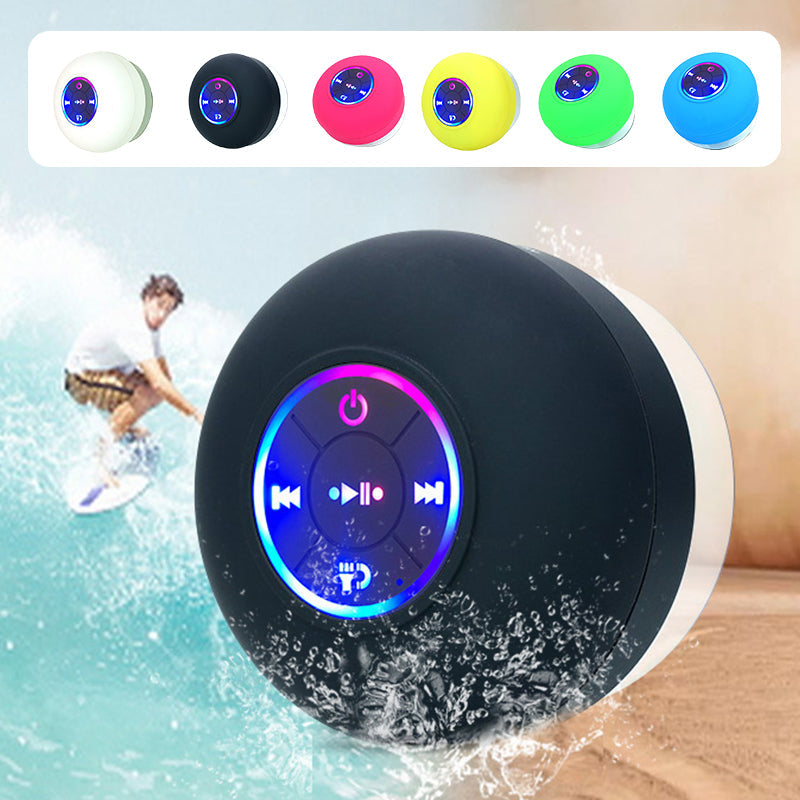 Bærbar Bluetooth høyttaler med fargerike LED-lys, vanntett design for dusj og utendørs bruk.