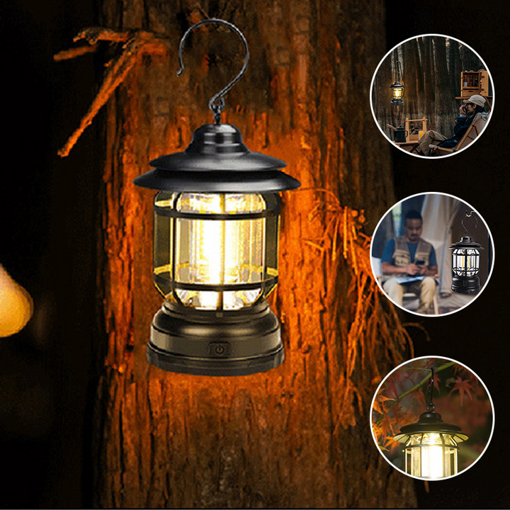 Praktisk retro LED-lampe, oppladbar og bærbar for camping og nødbelysning.