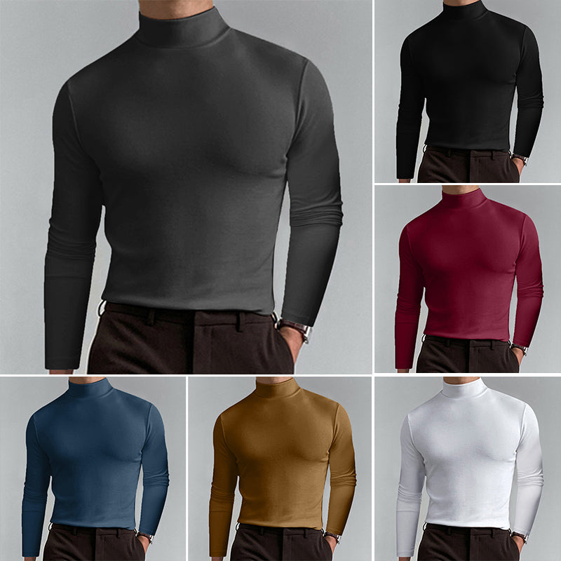 Ensfarget langermet t-skjorte for menn, slim fit og høy hals, flott til hverdagsklær.