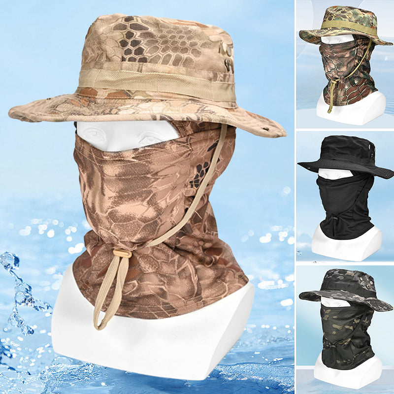 Lettvekt kamuflasje fjellhatt med pustende stoff, ideell for fottur og fiske. Unisex UV-beskyttelse.