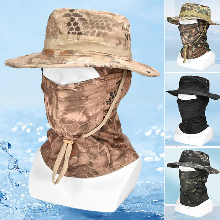Lettvekt kamuflasje fjellhatt med pustende stoff, ideell for fottur og fiske. Unisex UV-beskyttelse.
