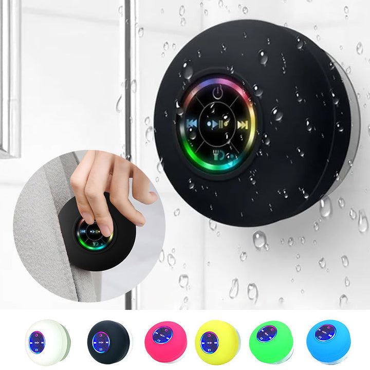 Vanntett mini Bluetooth dusjhøyttaler med LED-lys, perfekt for trådløs musikk i badet.