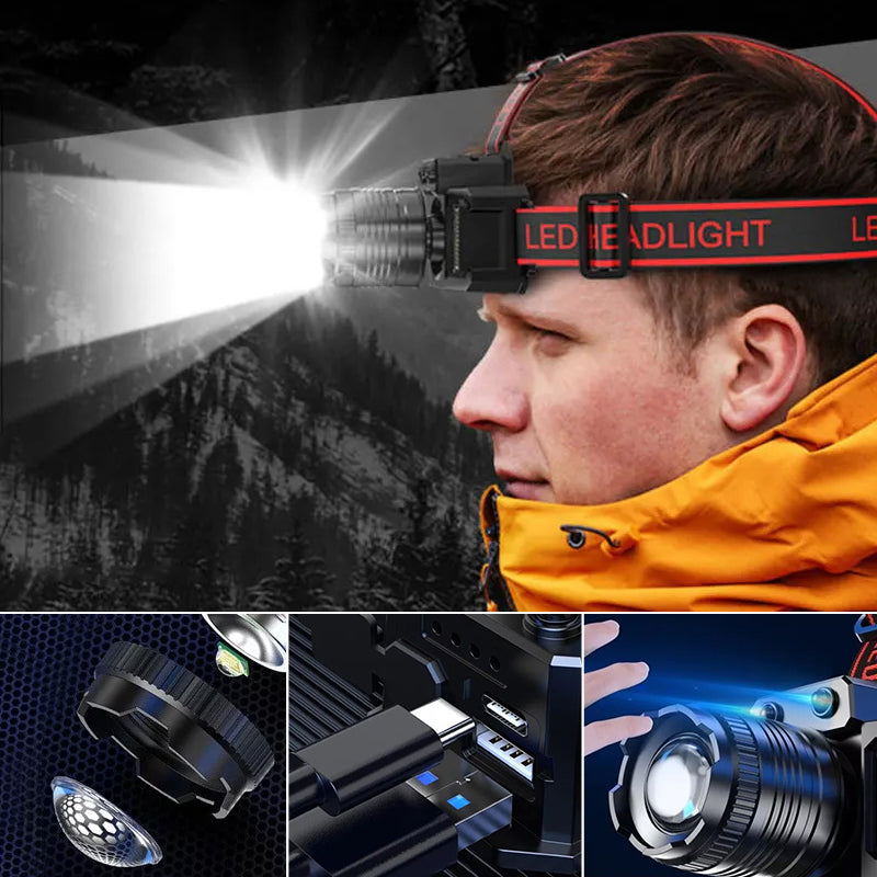 Vanntett LED hodelykt med bevegelsessensor, perfekt for camping, tur og løping i mørket.