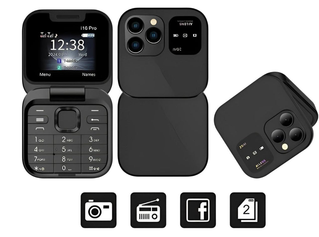 Holdbar foldbar telefon med HD kamera, mediespiller og lang batteritid, uten internettbehov.