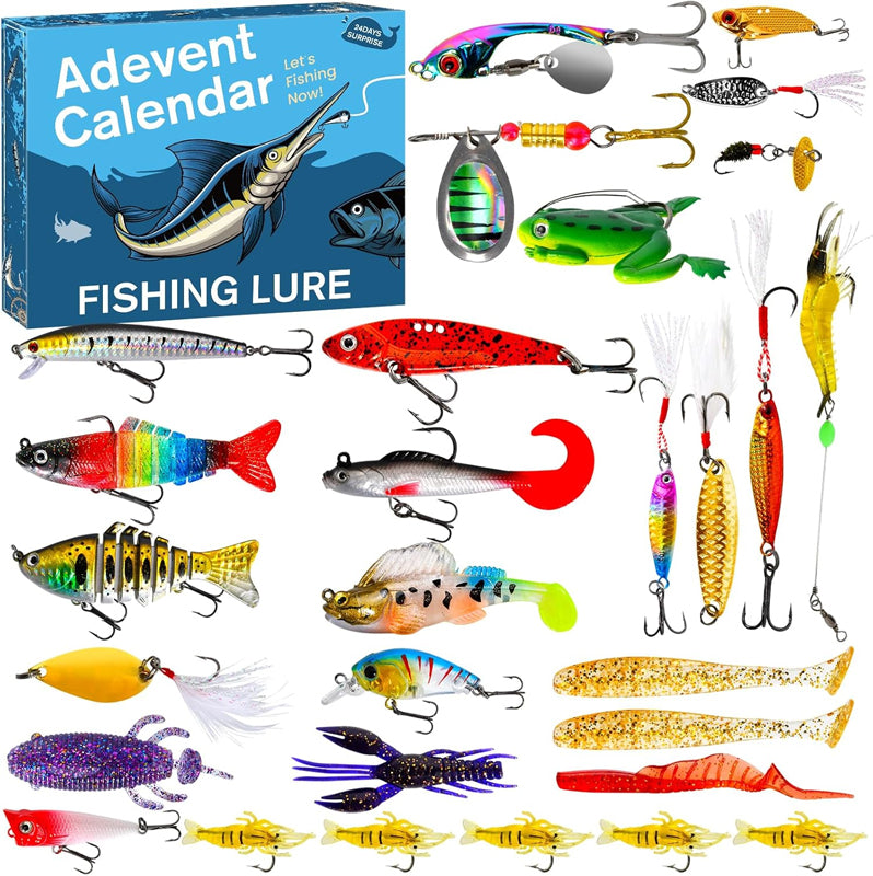 Blindboks adventskalender: Hver luke skjuler nytt fiskeutstyr og spennende sluker for fiske.