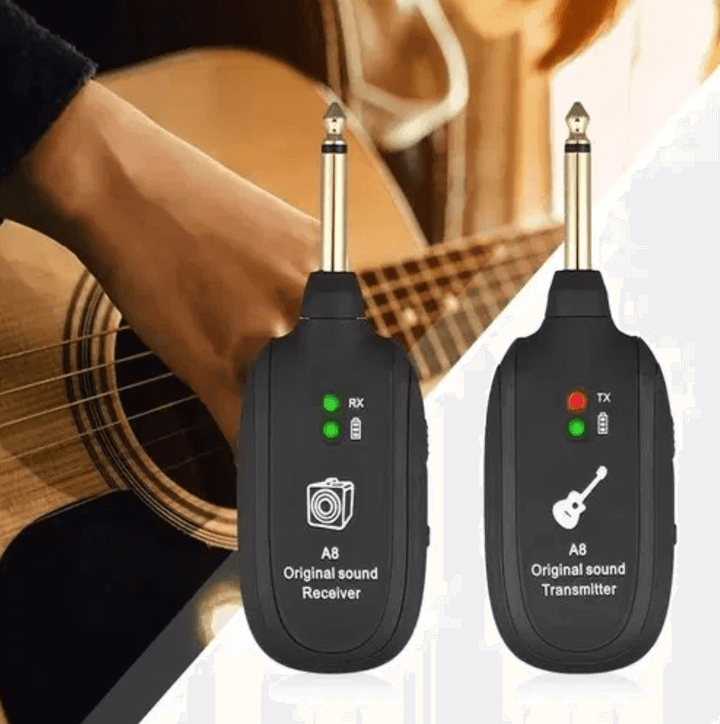 Kabelfritt og oppladbart trådløst gitarsystem, perfekt for øving og live-bruk av gitarister.