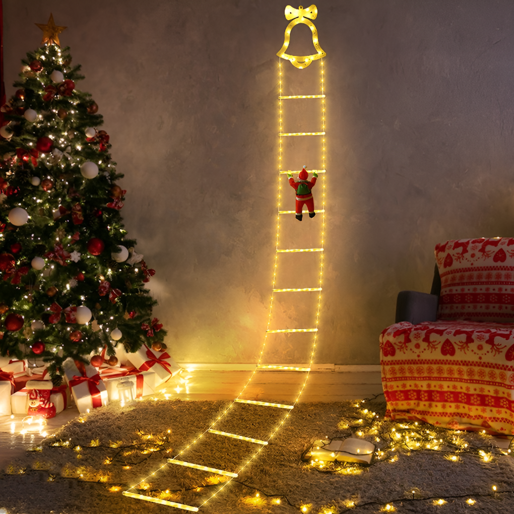 Klatrende julenisse dekorasjon med glødende LED-lys, perfekt julepynt for innendørs bruk. Skaper feststemning.