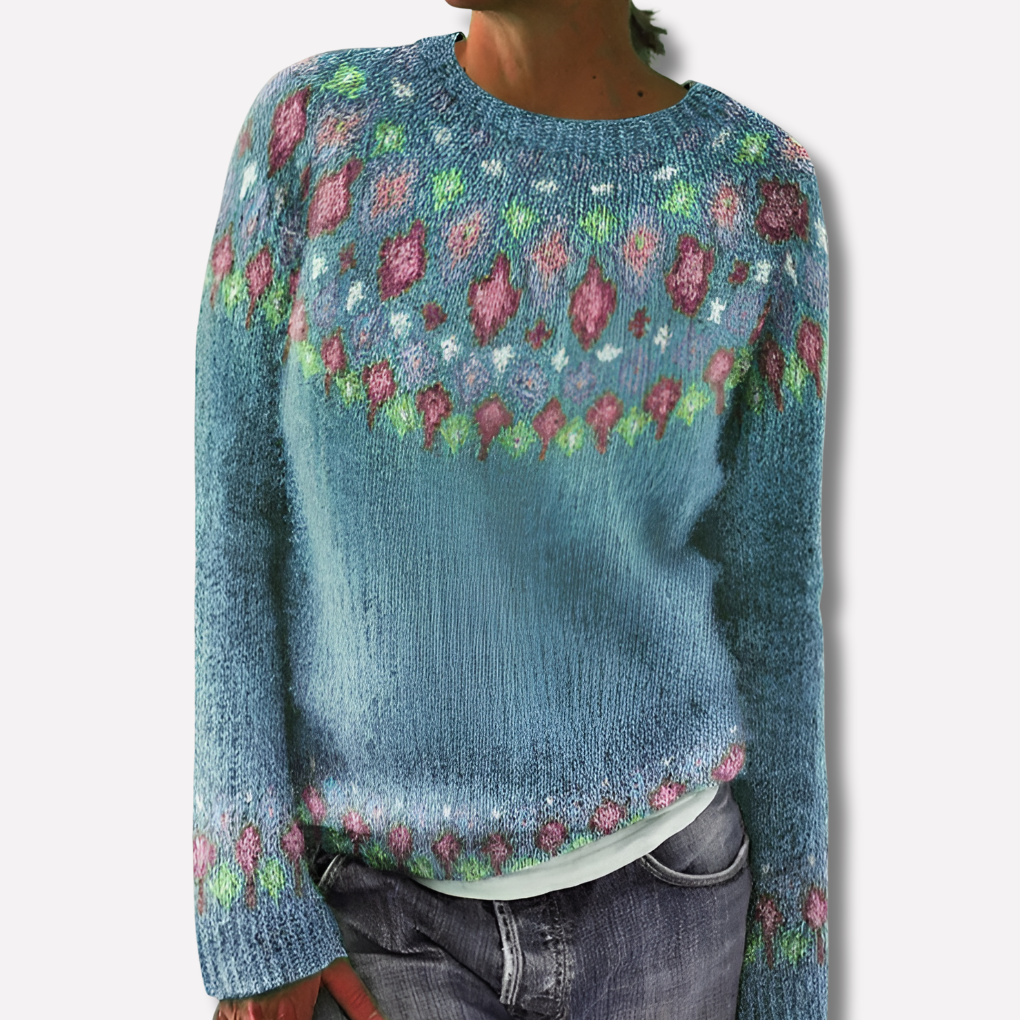 Varm dame ullgenser med elegant trykt mønster. Komfortabel strikkegenser for kvinner, ideell som pullover vintermote.