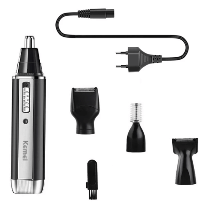 Kompakt 4-i-1 hårtrimmer holdt i hånd. Reisevennlig og unisex for enkel personlig pleie.