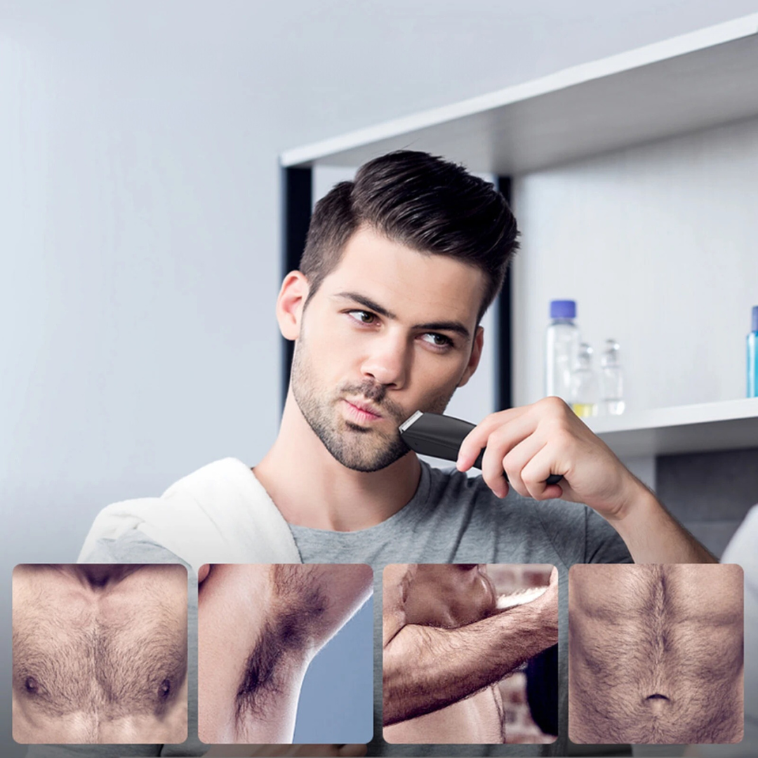 Oppladbar trimmer for sensitiv hud, sikrer smertefri hårfjerning og langvarig glatt hud.
