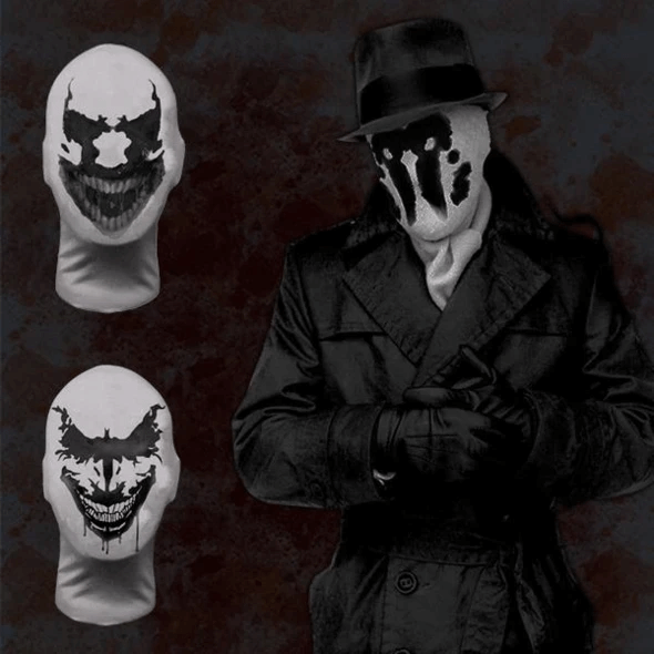 Detaljert Rorschach maske, svart/hvit, med flytende blekkflekker for en skummel Halloween-look.