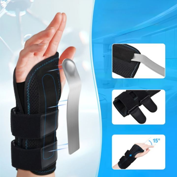 Komfortabel håndleddsstøtte med justerbar skinne for stabilisering. Perfekt for daglig bruk og rehabilitering.