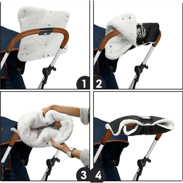 Vinterklar barnevognsmuff i vindtett design, holder hendene varme. Essensielt trilleutstyr for kalde dager.