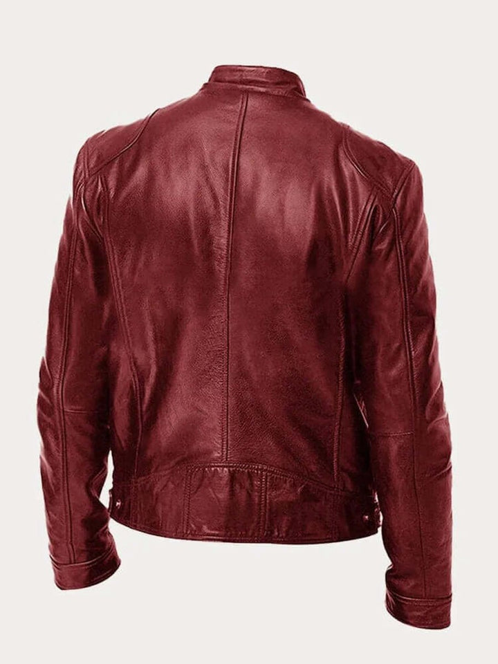 Ryggvisning av elegant svart herre bikerjakke. Tidløs stil for herremote.
