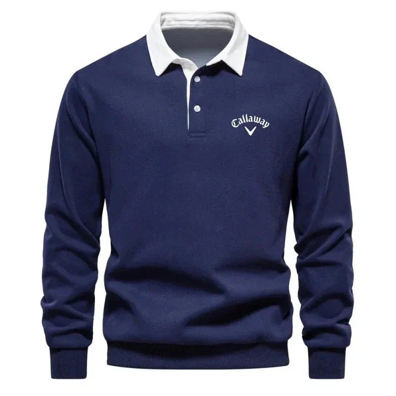 Beige langermet polo sweatshirt for menn. Komfortabel fritidsgenser med stilren kontrastkrage.