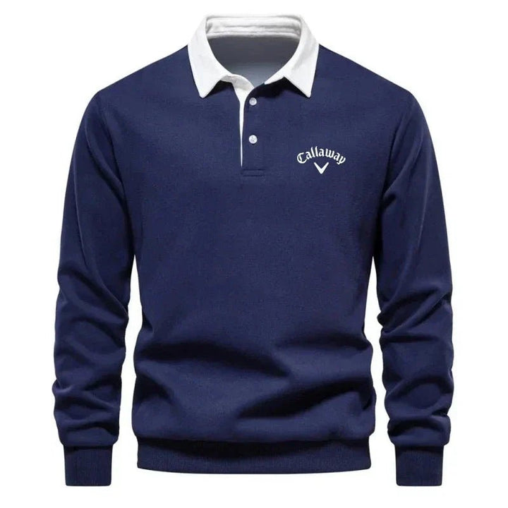 Beige langermet polo sweatshirt for menn. Komfortabel fritidsgenser med stilren kontrastkrage.