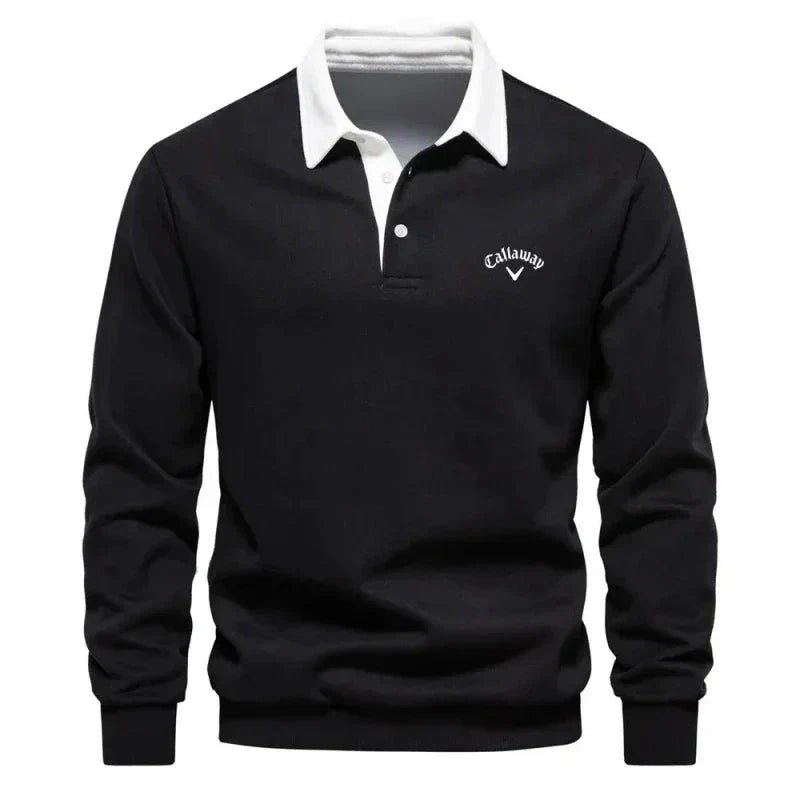 Blå herre polo genser, langermet sweatshirt med elegant kontrastkrage. Perfekt for golf og fritid.