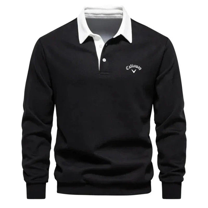 Blå herre polo genser, langermet sweatshirt med elegant kontrastkrage. Perfekt for golf og fritid.