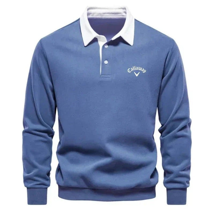 Grønn langermet polo sweatshirt for menn med stilren kontrastkrage. Ideell fritidsgenser.