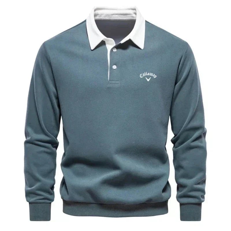 Gul komfortabel herre polo sweatshirt, langermet med myk tekstur og kontrastkrage. Stilren fritidsgenser.