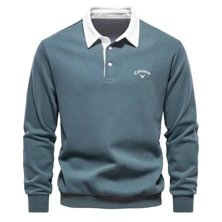 Gul komfortabel herre polo sweatshirt, langermet med myk tekstur og kontrastkrage. Stilren fritidsgenser.