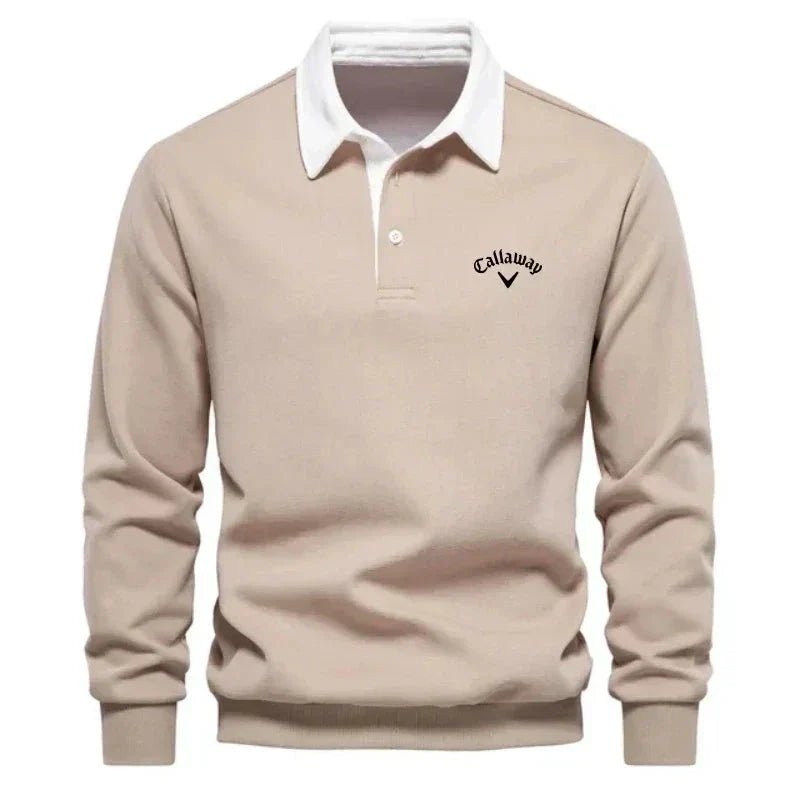Mørkeblå langermet polo sweatshirt for menn. Med stilren kontrastkrage; en elegant herregenser.