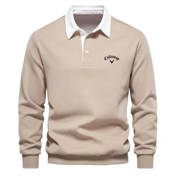 Mørkeblå langermet polo sweatshirt for menn. Med stilren kontrastkrage; en elegant herregenser.
