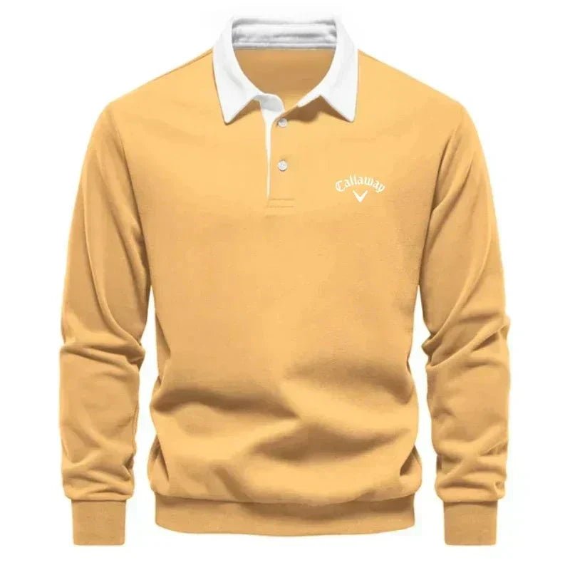 Svart langermet polo sweatshirt for menn. Stilren design med kontrastkrage, perfekt som fritidsgenser.