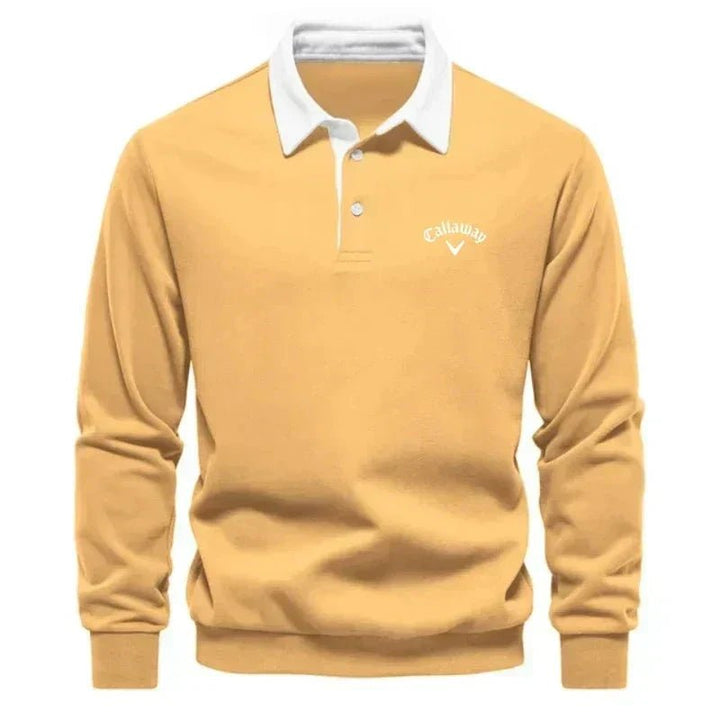 Svart langermet polo sweatshirt for menn. Stilren design med kontrastkrage, perfekt som fritidsgenser.