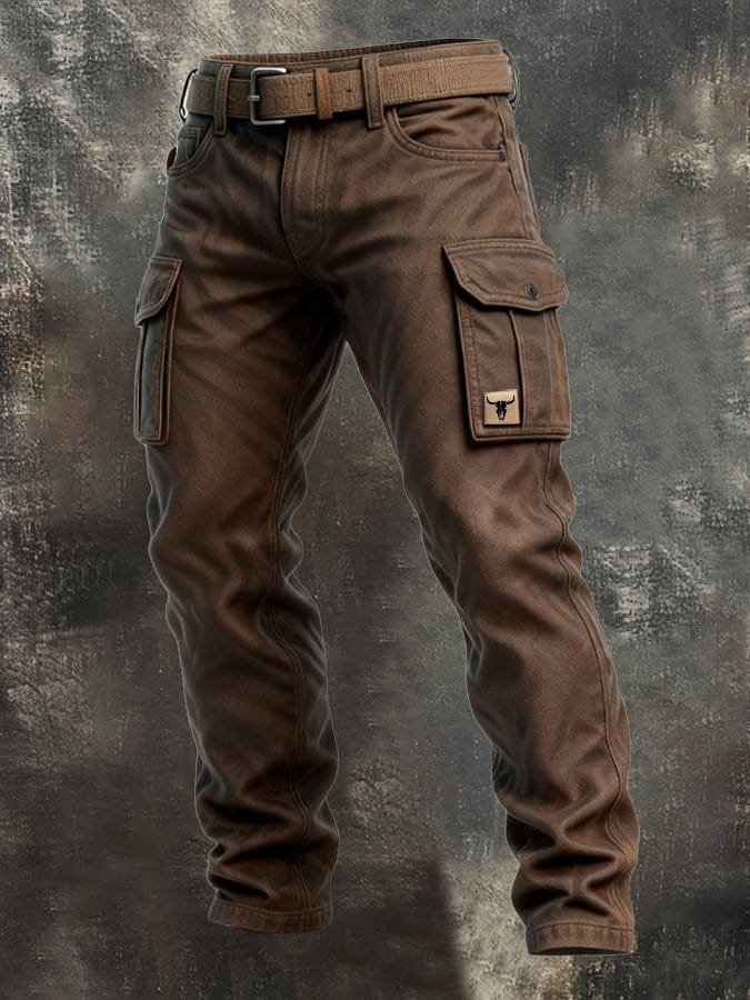 Detaljert bilde av brun slim-fit herre cargo bukse med markant tapered passform og unik lommepatch design.