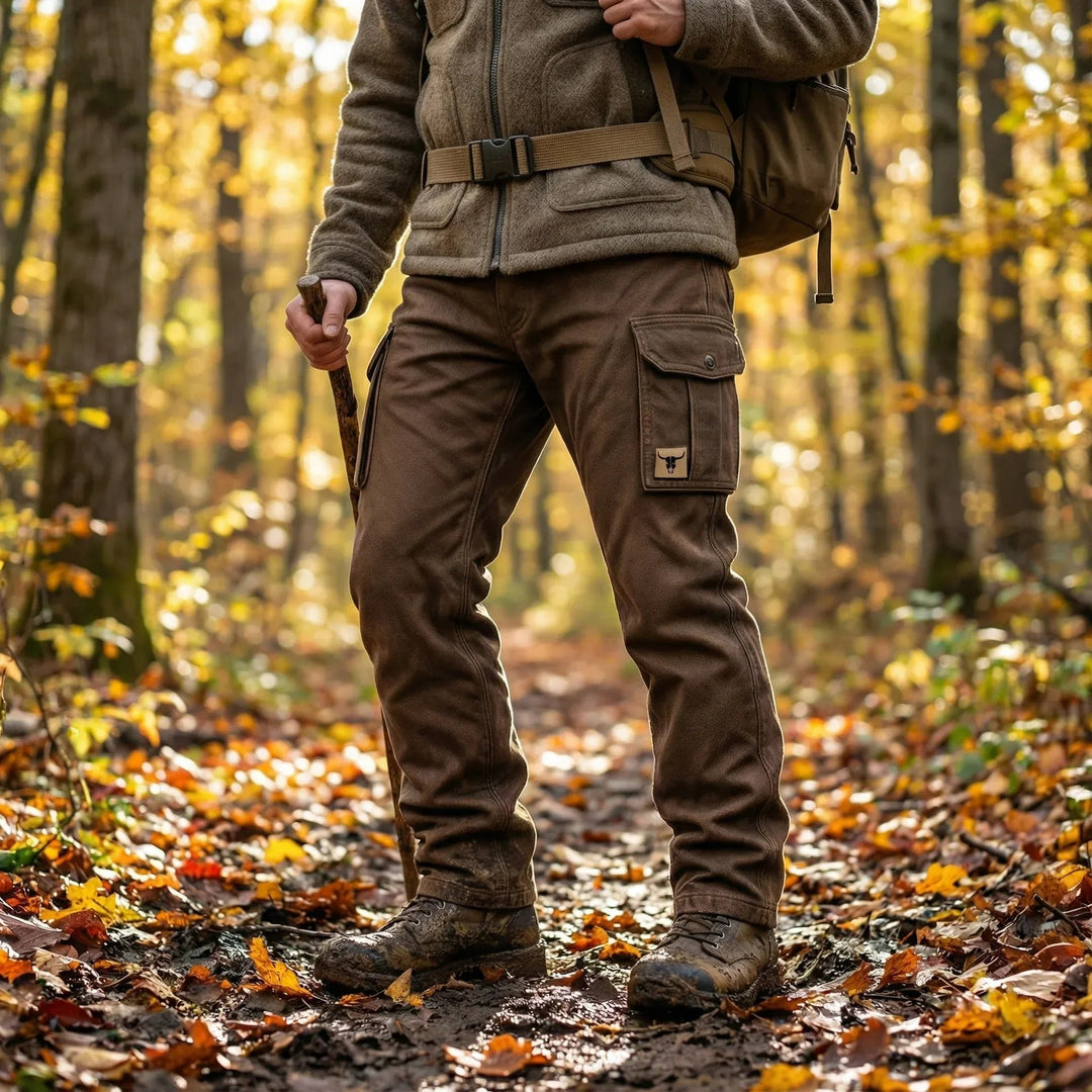 Allsidige brune herre slim-fit tapered cargo bukser, ideelle som fritidsbukser og robuste utendørsbukser.