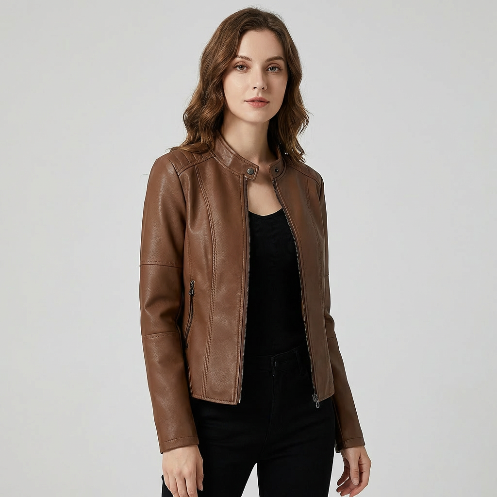 Rød slim fit skinnjakke for kvinner med moto-design.